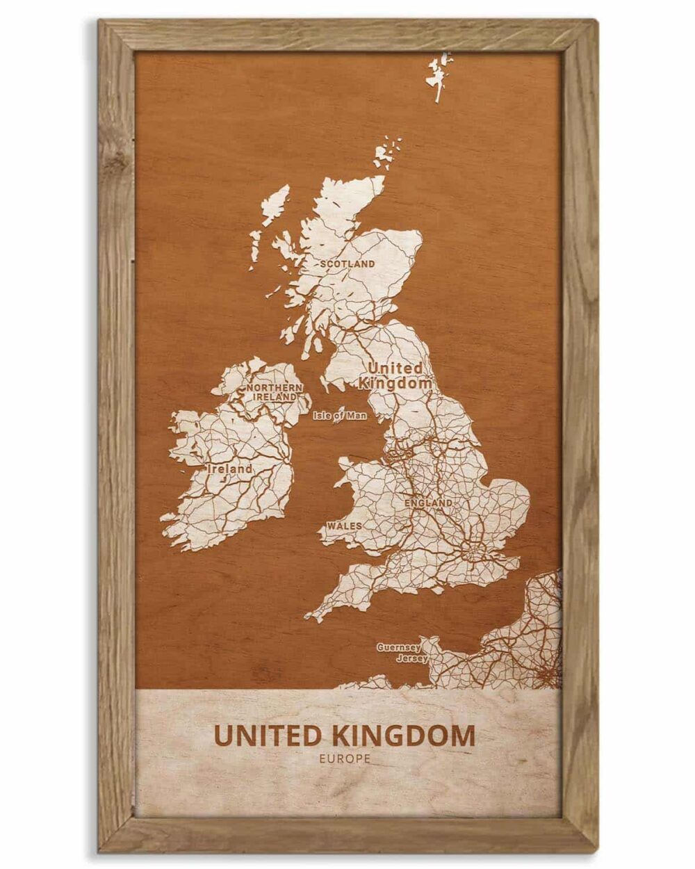 Holzkarte des Vereinigten Königreichs, Länderkarte in Eichenholzrahmen 3