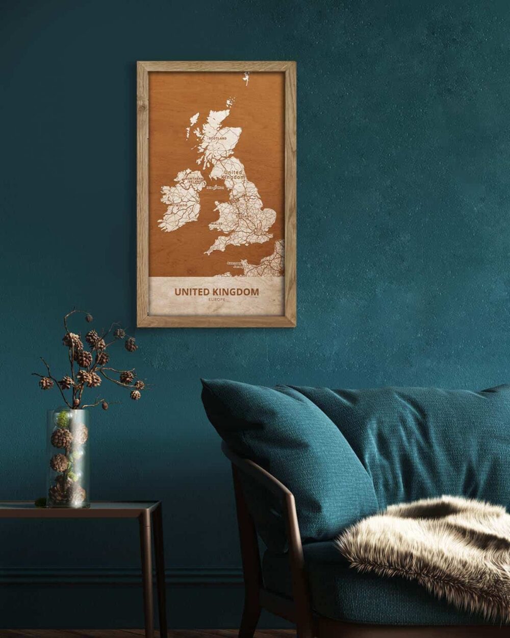 Holzkarte des Vereinigten Königreichs, Länderkarte in Eichenholzrahmen 4