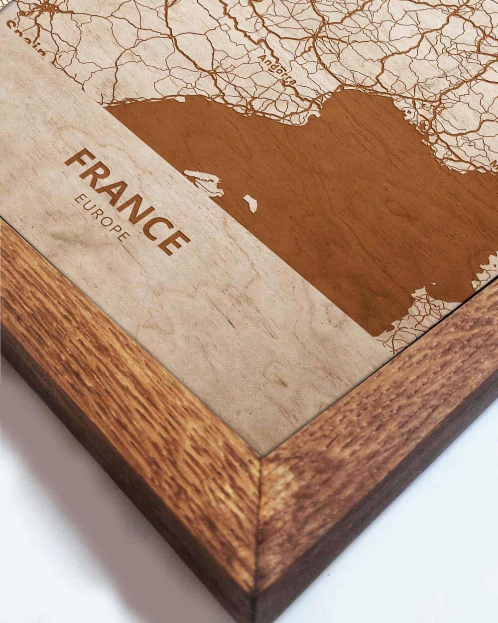 Holzkarte von Frankreich, Länderkarte in Eichenholzrahmen 2