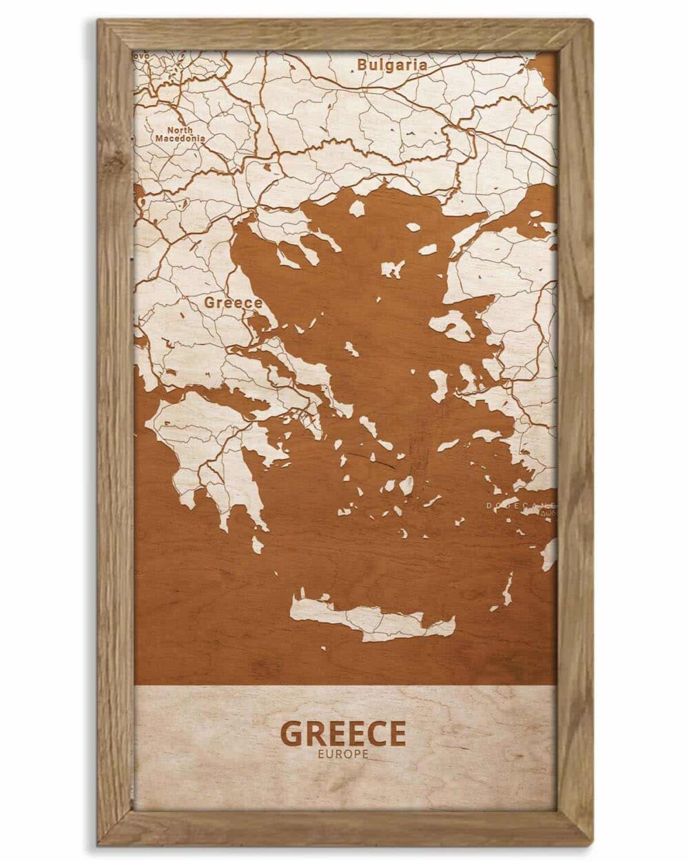 Holzkarte von Griechenland, Länderkarte in Eichenholzrahmen 1