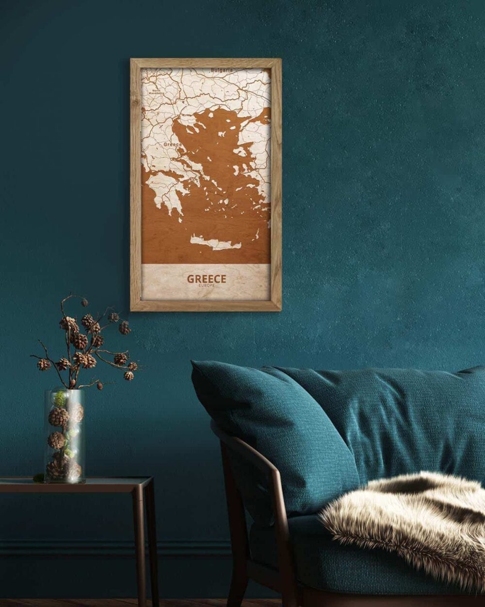 Holzkarte von Griechenland, Länderkarte in Eichenholzrahmen 3