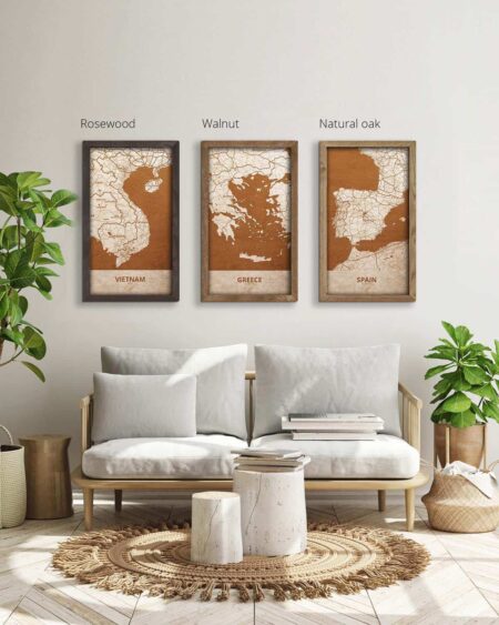Holzkarte von Griechenland, Länderkarte in Eichenholzrahmen 5