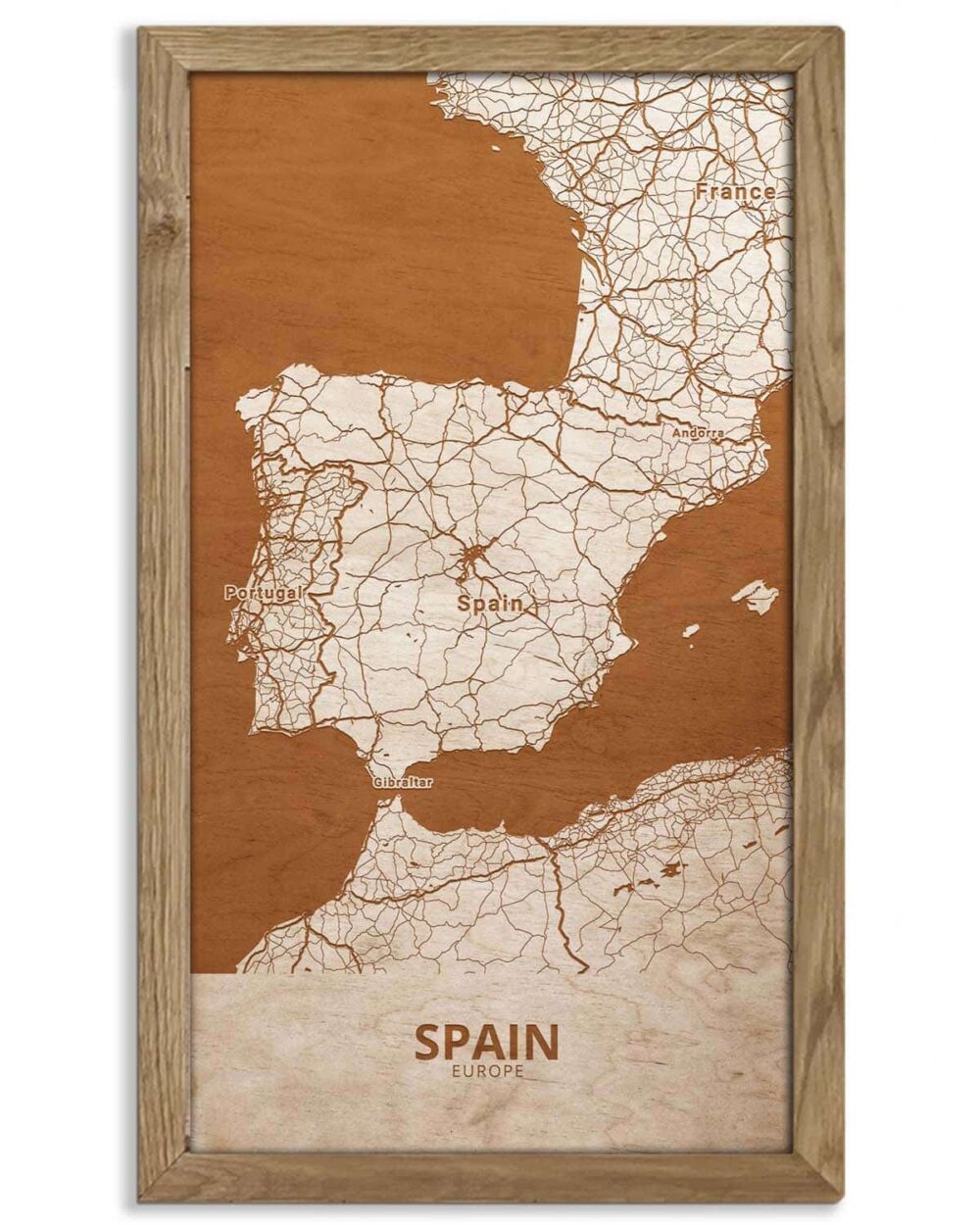 Holzkarte von Spanien, Länderkarte in Eichenholzrahmen5