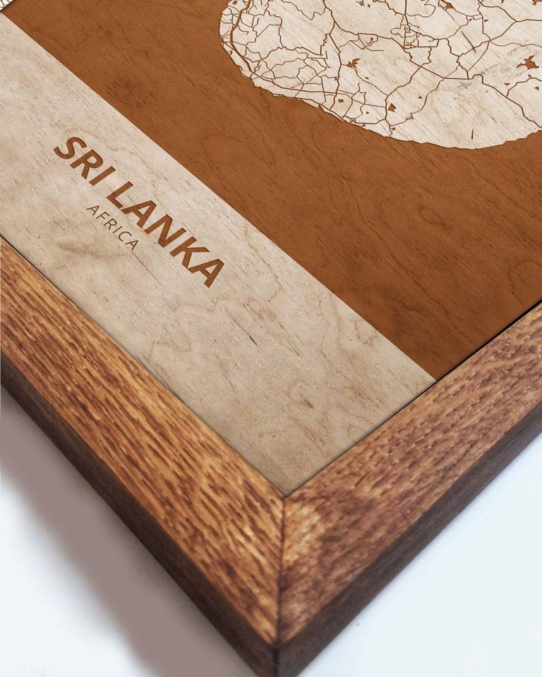 Holzkarte von Sri Lanka, Länderkarte in Eichenholzrahmen 2