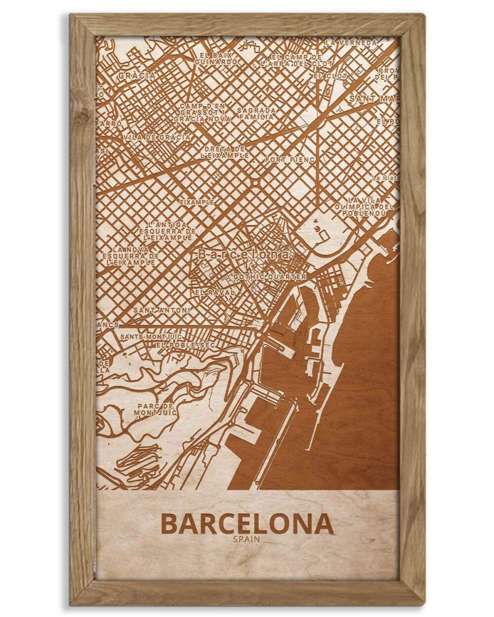 Holzstadtplan von Barcelona - Stadtplan, in einem Eichenholzrahmen 5