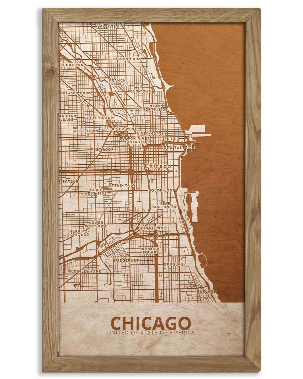Hölzerne Straßenkarte von Chicago - Stadtplan, in einem Eichenrahmen 1