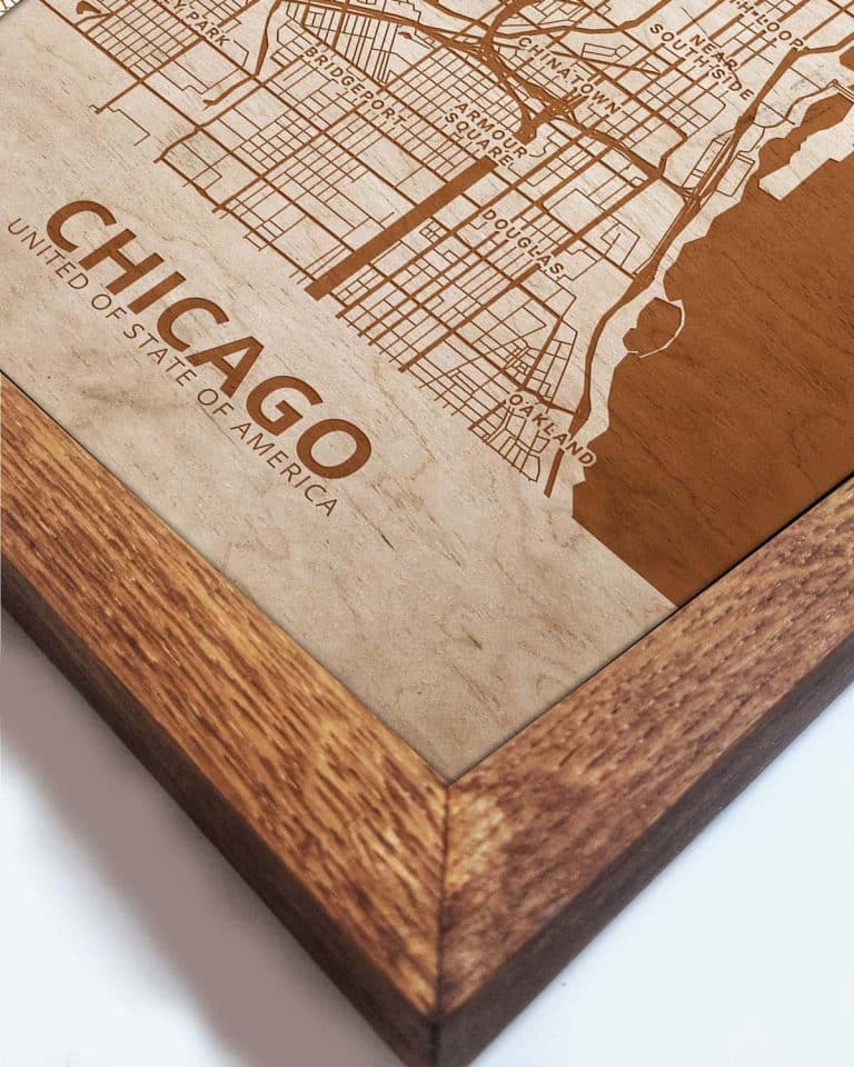 Hölzerne Straßenkarte von Chicago - Stadtplan, in einem Eichenrahmen 2
