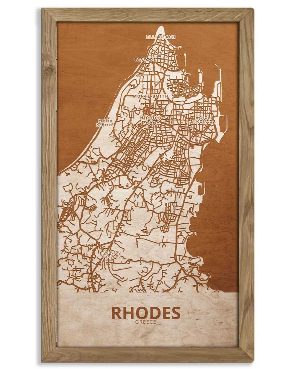 Holzstadtplan von Rhodos - Stadtplan, in einem Eichenholzrahmen 1
