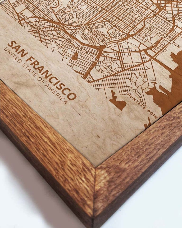 Hölzerne Straßenkarte von San Francisco - Stadtplan, in einem Eichenrahmen 2