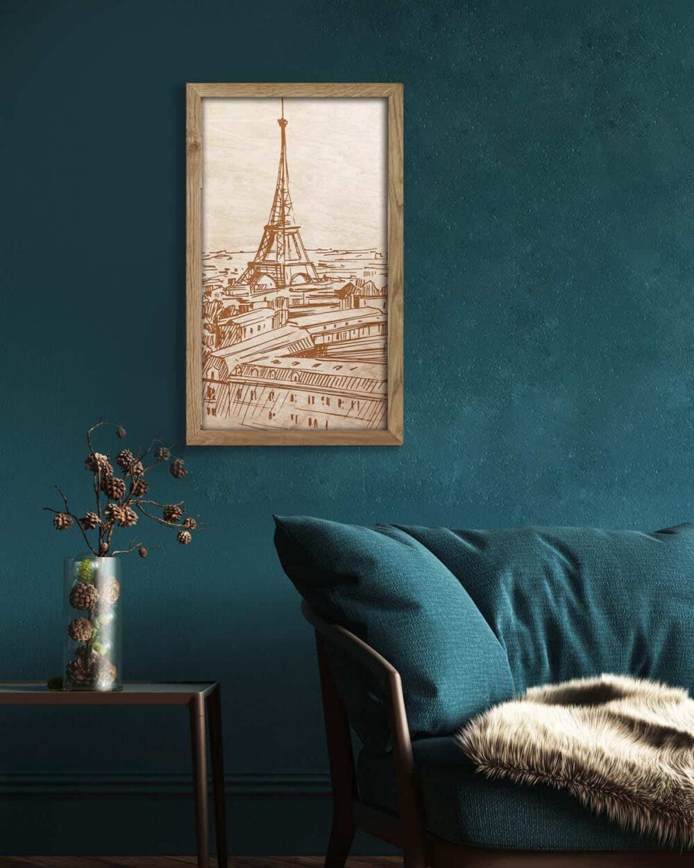 Holzbild des Eiffelturms, in einem Eichenholzrahmen